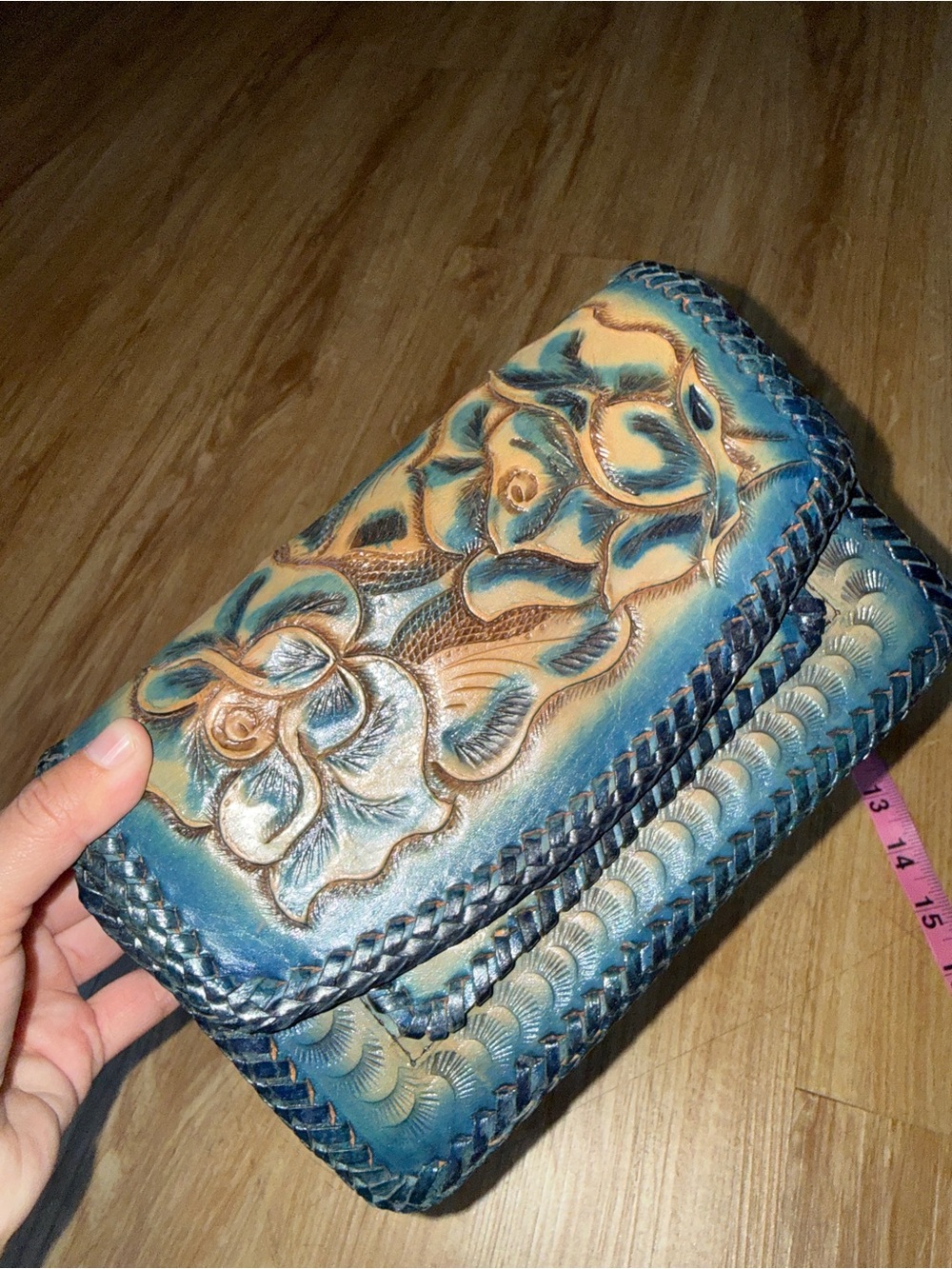 Artisan Tooled Floral Leather Crossbody Bag in Teal and Tan